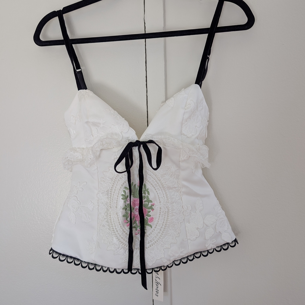 For Love And Lemons White Lace Bralette with Black Trim